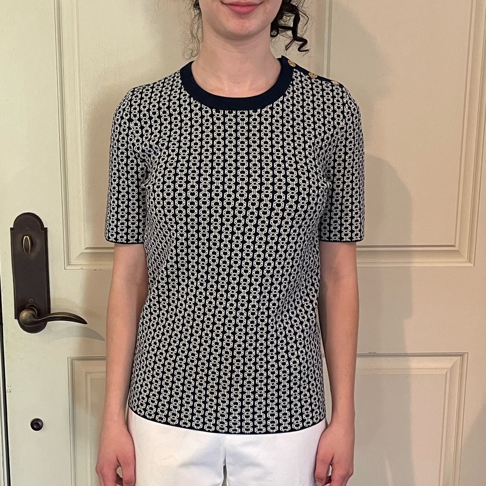 Tory Burch size M navy and white short sleeve sweater